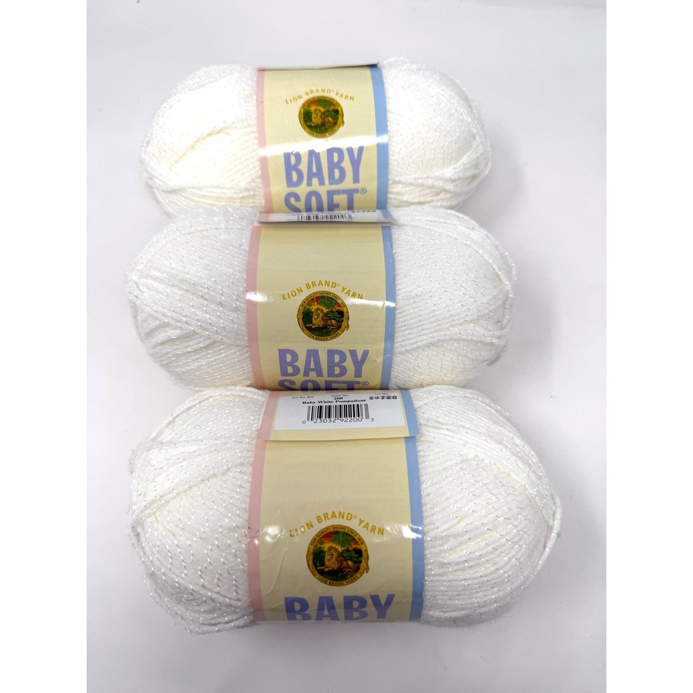 Lion Brand Baby Soft Pompadour Yarn Baby White 200 Sport Weight 3 Skeins 12.5oz